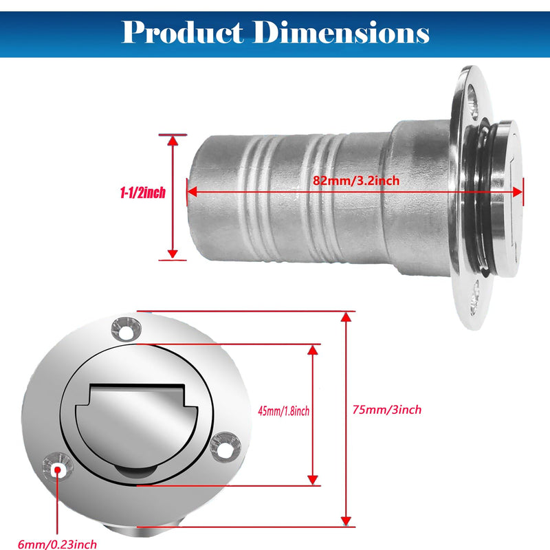 1-1/2"(38mm) Boat Gas/Fuel Deck Fill/Filler 1.5inch Stainless Steel Deck Filler Marine Hardware for Boat, Mirror- Polished with Keyless Cap, for Boat/Yacht/Caravan with, 4 Hose Clamps Fuel 1-1/2''