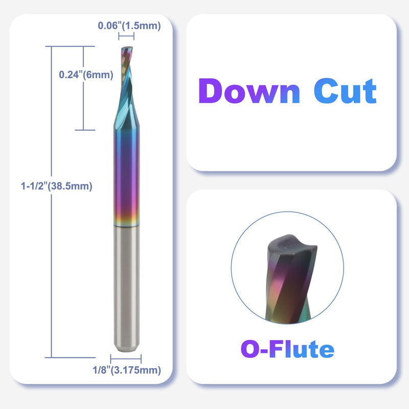 10 Pcs O Flute Up-Cut Router Bit 1/8 inch Shank, 0.06 Inch Cutting Dia CNC Single Flute Spiral Solid Carbide End Mill with DLC Coating, Ideal for Aluminum, Acrylic, Plastic, Wood, MDF, PVC