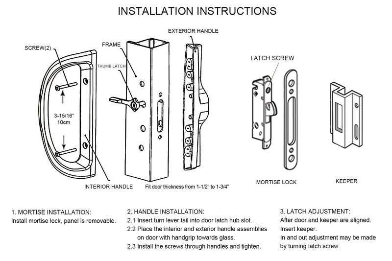Patio Sliding Door Handle Set with Mortise Lock, Face Plate and Keeper, Replacement Handle Lock Set Fits Door Thickness from 1-1/2" to 1-3/4", 3-15/16" Screw Hole Spacing, Non-keyed, Black no Key