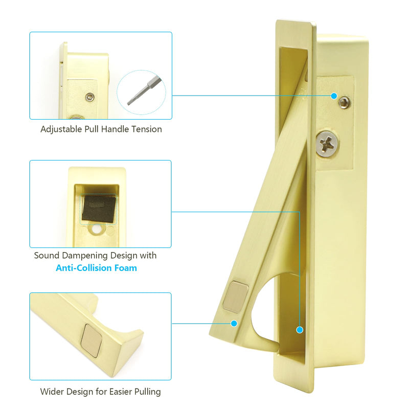 Dontay Pocket Door Handle with Lock and Edge Pull, Narrow Modern Rectangular Keyed Entry Function, Recessed Sliding Door Hardware for 1 3/8” to 2 3/16” Thickness Door (1, Satin Brass)