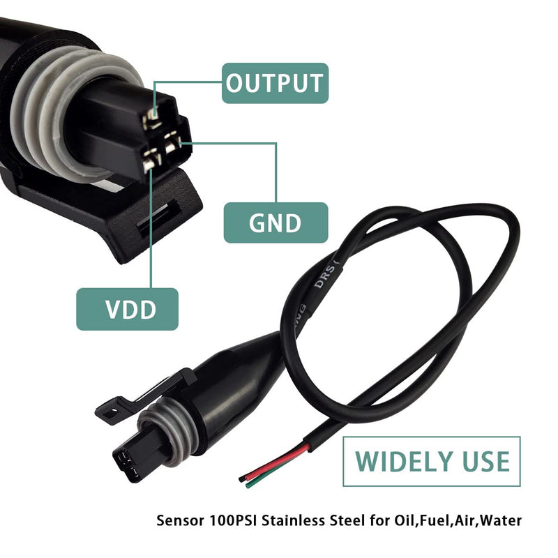Pressure Transducer Sender Sensor with Connector, 1/8"NPT Thread Stainless Steel Fuel Pressure Sensor for Oil Fuel Air Water (100PSI) 100 PSI