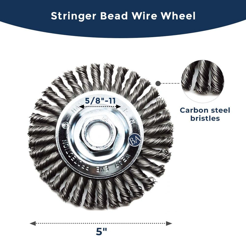Benchmark Abrasives 4 1/2 Inch Stringer Bead Wire Wheel for Angle Grinder, Cleaning Narrow Holes, Derusting, Paint Removal, Deburring Grinding Wheels - Grinder Cutting Wheel - Stainless Steel 5" x 1/4"