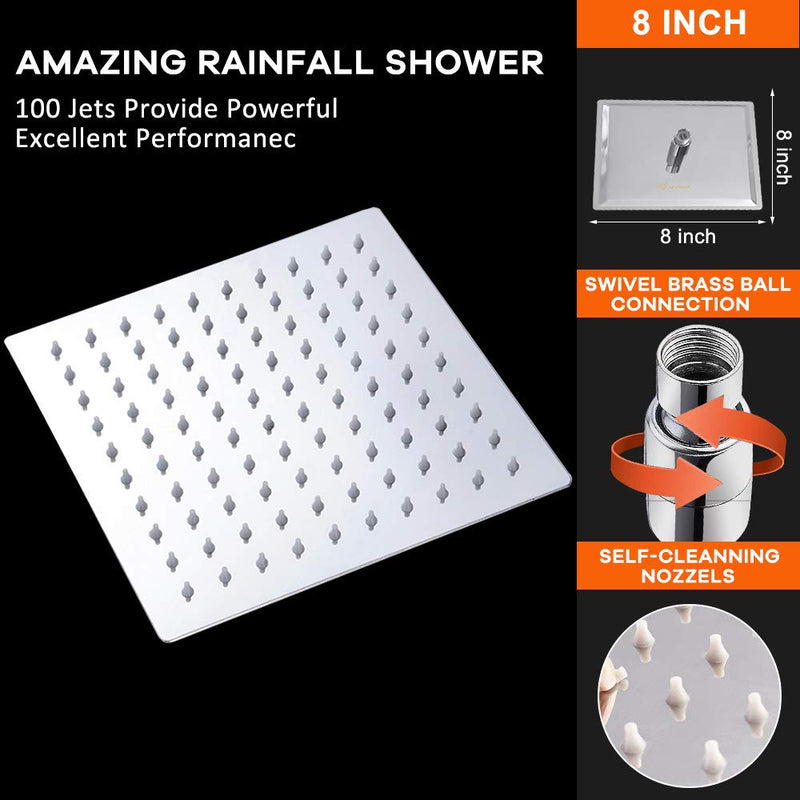 Rain Shower head, NearMoon High Flow Stainless Steel Square Rainfall ShowerHead, High Pressure Design, Awesome Shower Experience Even At Low Water Flow (8 Inch, Chrome Finish) 8 Inch