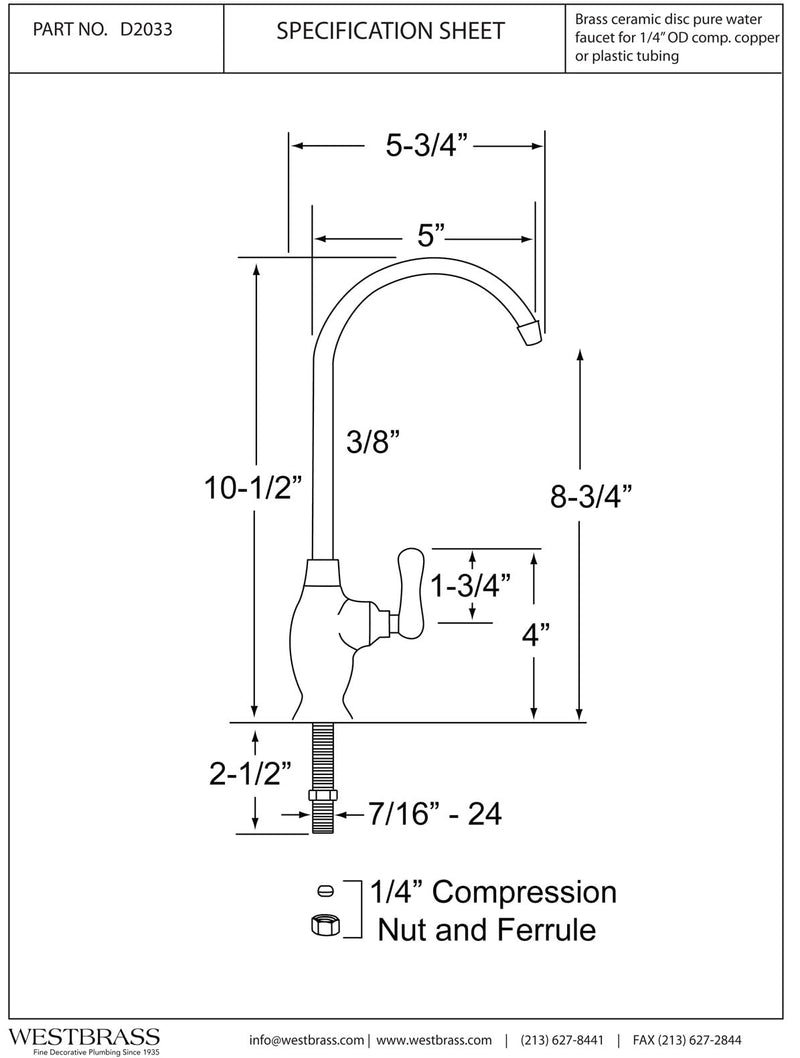 Westbrass D2033-NL-12 10" Classic 1-Lever Handle Cold Water Dispenser Faucet, Oil Rubbed Bronze