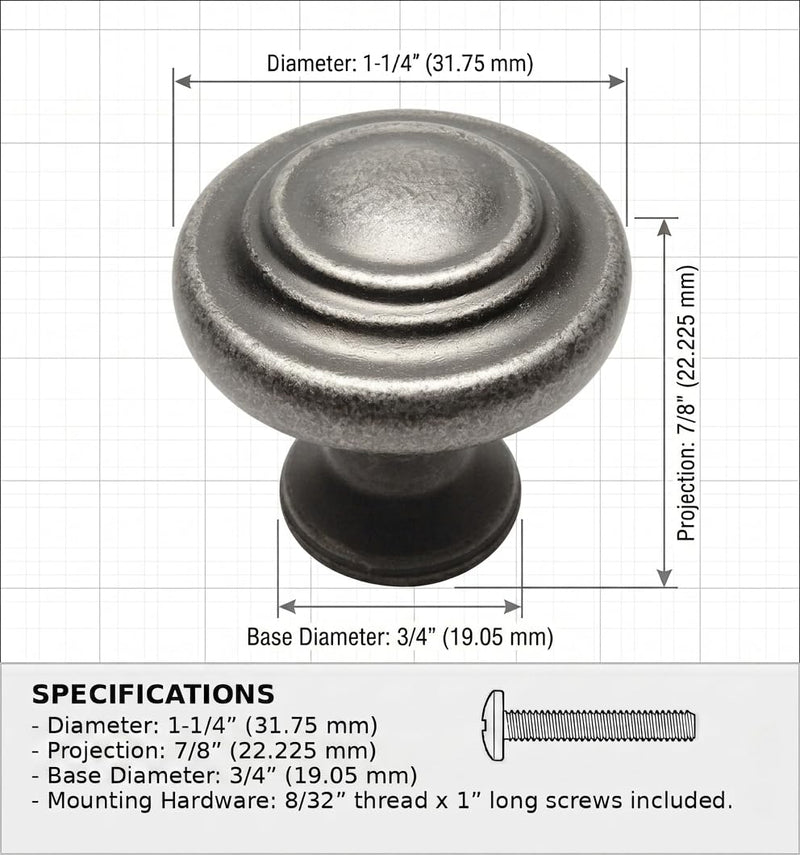 Cosmas 10 Pack 9971WN Weathered Nickel Cabinet Hardware 3-Ring Round Knob - 1-1/4" Inch Diameter