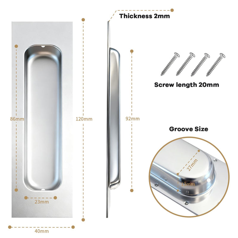 Lethato Brushed Silver Pocket Door Hardware, 6 Rectangular Recessed Flush Finger Pull Stainless Steel Sliding Door Handle for Closet Door Large Drawer Barn Doors - 3 Pack 3 Packs - Brushed Silver