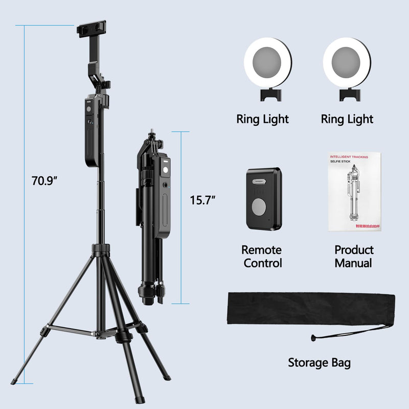 70.9" Auto Face Tracking Tripod 360° Rotation with Lights, Motion Sensor Phone Tripod Stand Selfie Stick with Remote, Face Body Gesture Control Phone Camera Holder for Vlog/Live Stream/Video Recording