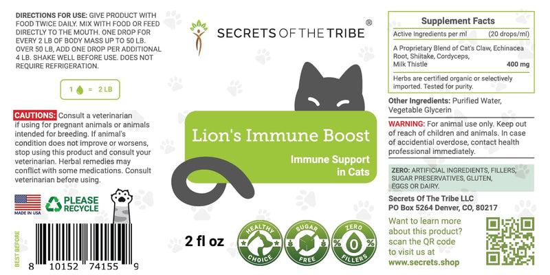 Lion's Immune Boost | Natural Herbal Dietary Supplement | Immune Support in Cats | Alcohol-Free Extract, Cat's Claw, Echinacea Root, Shiitake, Cordyceps, Milk Thistle 2 oz - PawsPlanet Australia