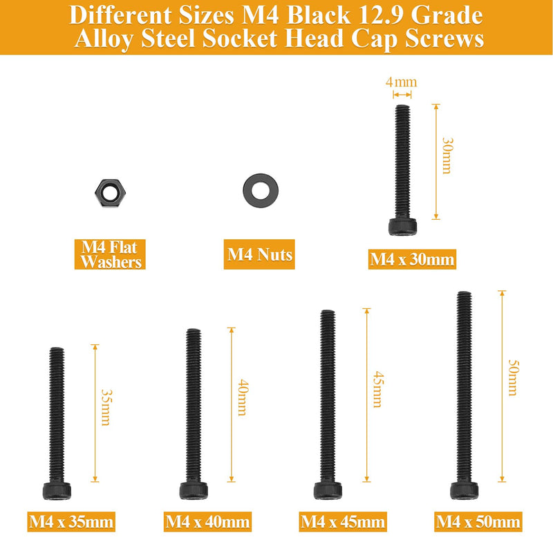 185 Pieces M4 x 30/35/40/45/50mm Hex Socket Head Cap Screws Nuts Washers Set Black, Sutemribor M4 Long Screws, M4 Black Screws Nuts Washers Assortment Kit, 12.9 Grade Alloy Steel, Fully Threaded M4 Long Screws Kit