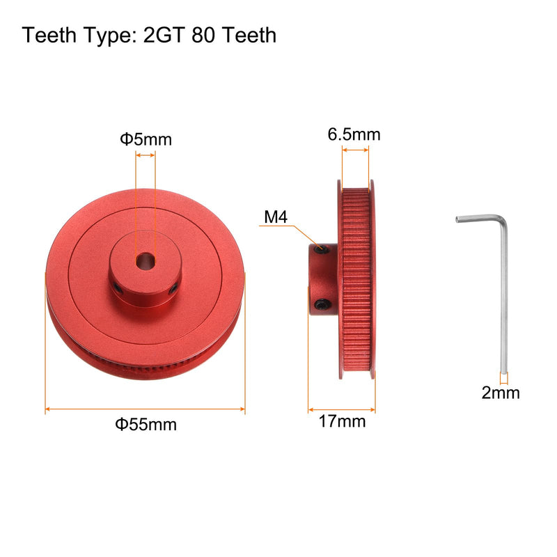 HARFINGTON 2GT Timing Pulley 80 Teeth 5mm Bore 55mm Dia. Aluminum Timing Belt Pulley with Hex Wrench for 6mm Width Belt 3D Printer CNC Machine Accessories, Red 80Teeth