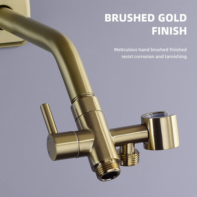 Brushed Gold Shower Arm Diverter with Hand Shower Mount, G1/2 Brass Shower Diverter Valve Bathroom Universal Shower System Replacement for Handheld Shower and Fixed Shower Head Brushed Gold