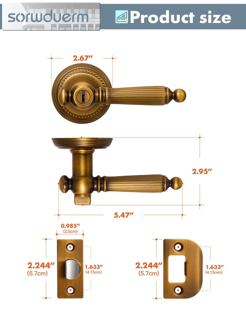 1 Pack Antique Door Lever with Lock and Key Entry Antique Brass Door Handle Door Lever Bedroom and Bathroom Zinc Alloy Entry Lock 1