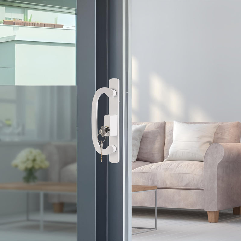 Keyed Sliding Patio Door Handleset, 45° Keyway, 3-15/16" H.C., Fits 1-3/8" to 2" Thick Doors, Non-Handed, White Diecast, Offset Position with Mortise Lock and Keeper｜Off Center Thumb Latch Keyed With Latch Lock+Keeper