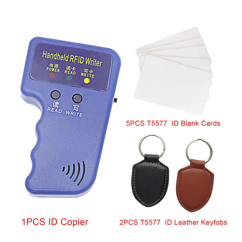 Handheld 125khz Copier RFID Smart ID Card Duplicator Used for T5577 or EM4305+5pcs ID rewrite Cards +ID Leather Key Fob 2pcs