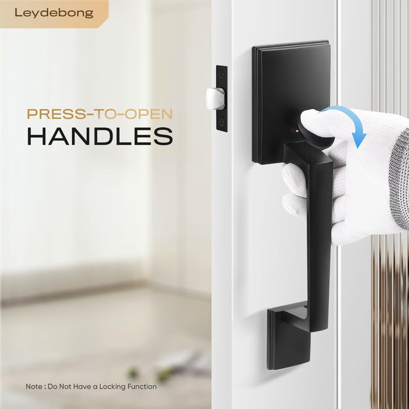 Leydebong Black Front Door Handle Set with Reversible Lever - Exterior Door Handle Set for Right or Left Handed Doors, No Lock Entry Lever, Matte Black Finish
