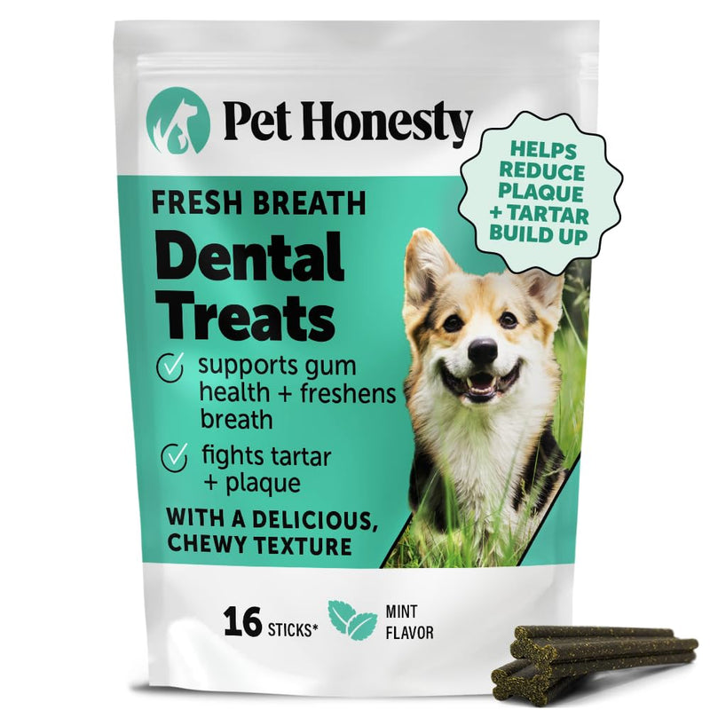 Dog Dental Treats Fresh Breath Sticks - Plaque and Tartar Remover for Dogs Teeth Cleaning Chews for Bright Teeth - Dog Dental Sticks for Oral Care, Gum Health + Bad Breath Treatment (Mint, 16 Ct)