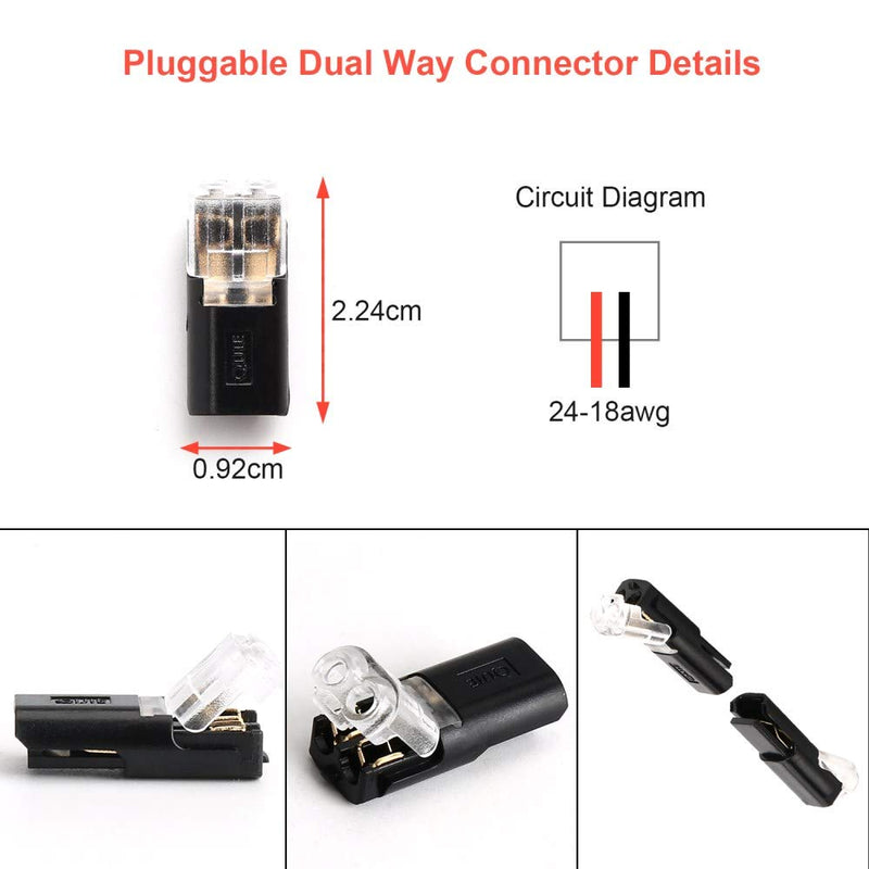 Pluggable LED Wire Connectors, TYUMEN 12pcs 2 Pin 2 Way Universal Compact Wire Terminals, No Wire-Stripping Required, Toolless Spring Wire Connectors, Quick Splice Wire Wiring Connector for AWG 20-24