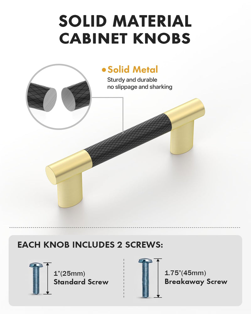10 Pack 3''(76mm Hole to Hole) Black and Gold Cabinet Pulls, Knurled Brushed Gold Matte Black Cabinet Handles for Kitchen Drawers, Bathroom Vanity, Dresser - Heavy Duty Hardware CK0094 3"/76MM Hole Center 10