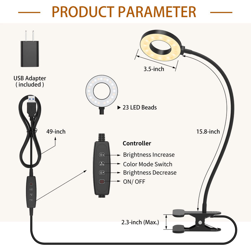 iZELL Desk Lamp, [3 Color Modes & 10 Brightness] LED Reading Light with Clamp, Flexible Gooseneck Book Light for Kids Reading Book in Bed at Night Clip on Table, Headboard, Dorm - 15.8‘’ Black 15.8'' Black