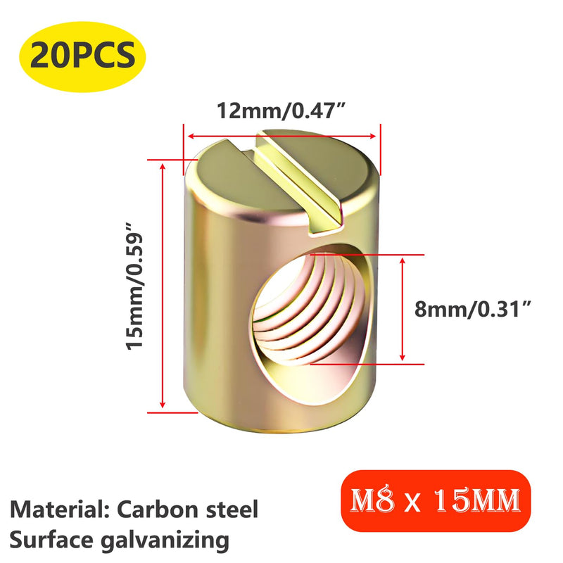 20 PCS M8 Barrel Nuts M8x15mm Furniture Barrel Nuts, Cross Dowels Slotted Nuts for Furniture Beds Crib and Chairs