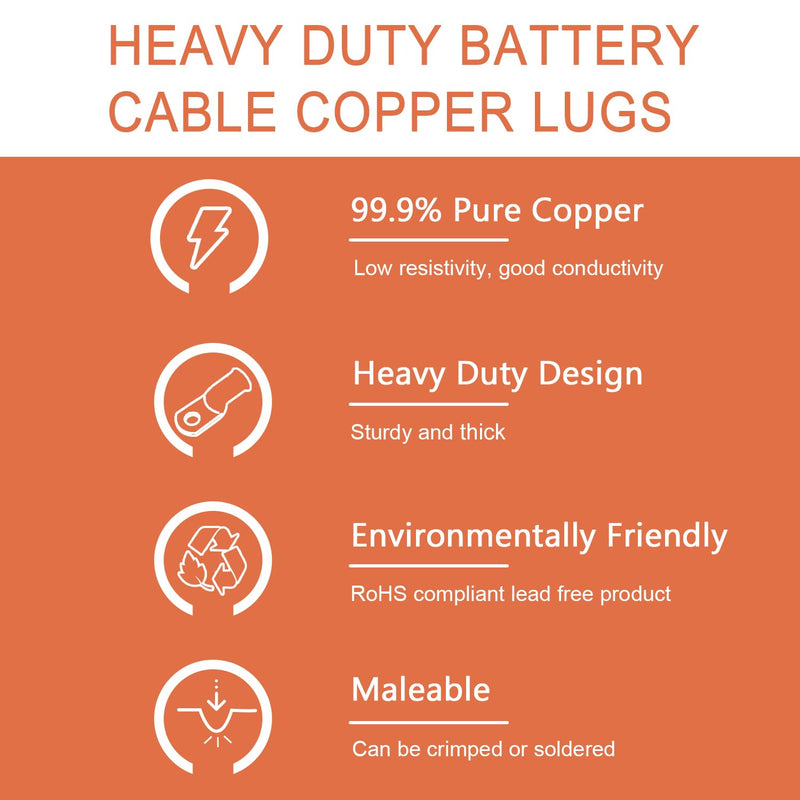 10pcs 2 AWG-1/4”(M6) Ring Terminals 2 Gauge Copper Wire Lugs Battery Cable Ends Heavy Duty Battery Cable Terminal Connectors 2 AWG - 1/4'' Ring