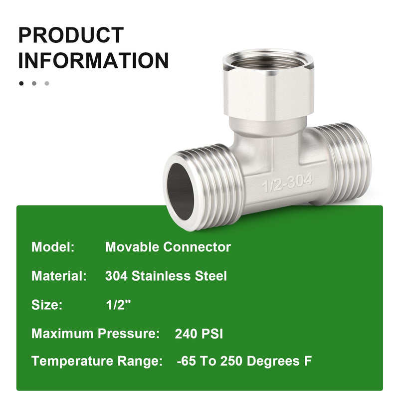 TAISHER 2PCS 304 Stainless Steel 3 Way Top Flexible Movable Tee Connector, 1/2" Male for Sprayer, Angled Valve, Shower Arm 1/2"Male(Top Movable Cap) 2