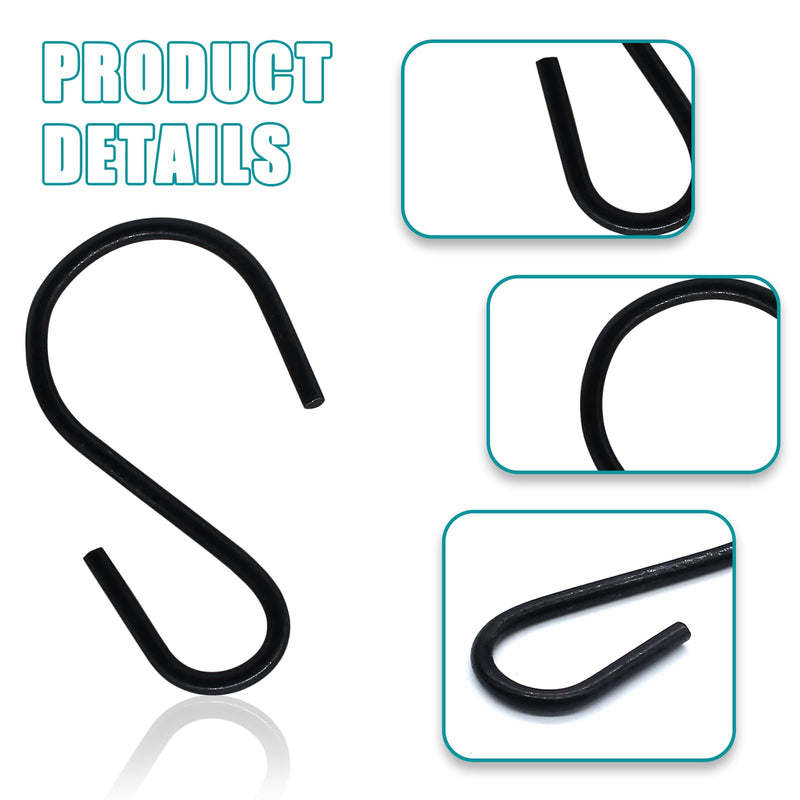 Litoexpe 60pcs S Hooks for Hanging Plants Clothes, S-Hooks Heavy Duty, Metal S Shaped Hooks, Black S-Shaped Hook, 1.73 Inch/44mm