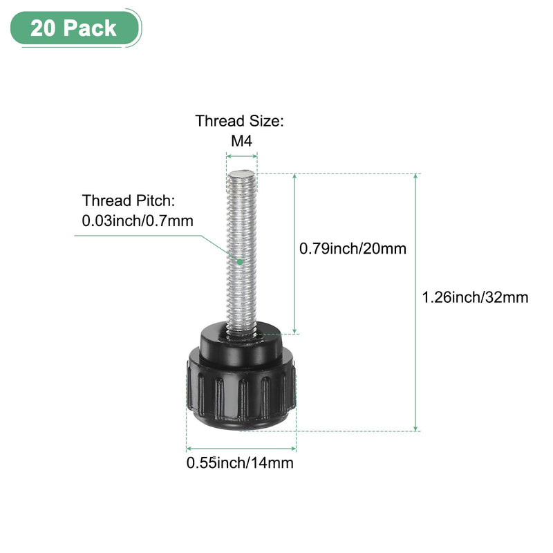 20-Pack Knurled Clamping Knobs, M4x20mm Male Thread Knurled Thumbscrew, Carbon Steel Screw on Knobs Grips for Machinery/Electronic/Furniture, Mounting Handle Bolts [Black]