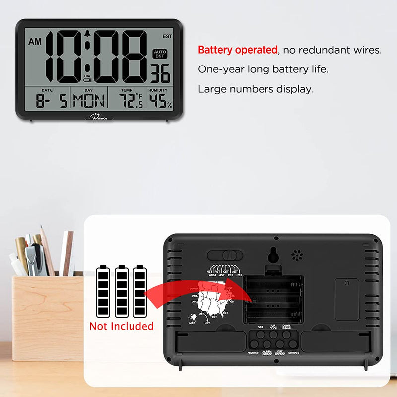 WallarGe Auto Set Digital Wall Clock Battery Operated, Desk Clocks with Temperature, Humidity and Date, Large Display Digital Calendar Alarm Clock for Elderly, Bedroom, Office, 8 Time Zone, Auto DST. Black