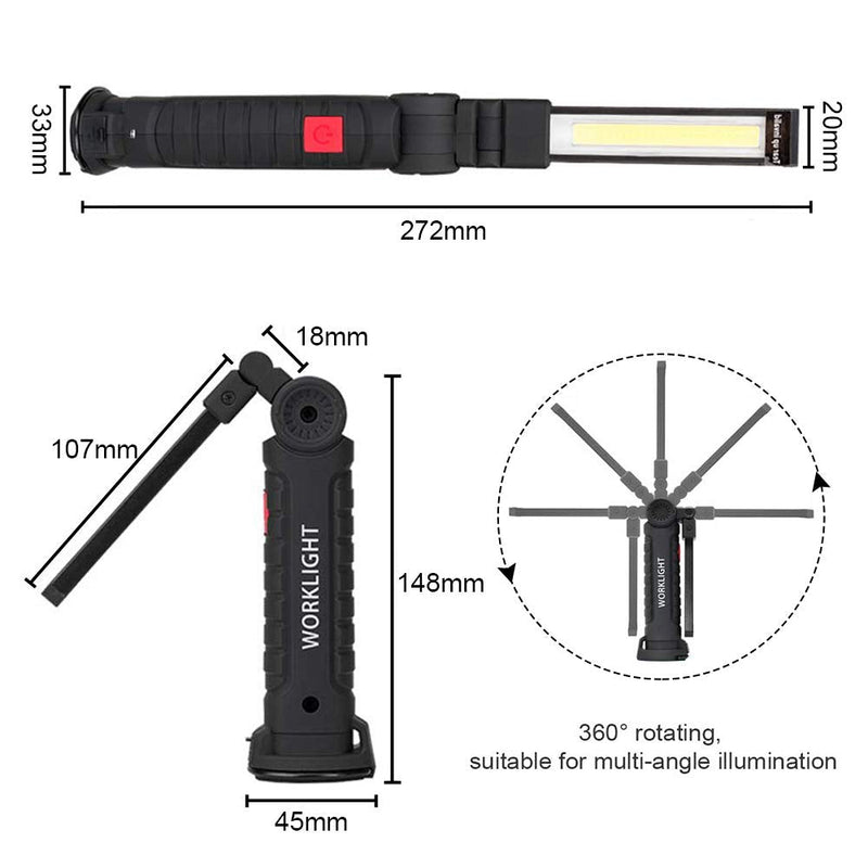 2Pack LED Work Lights, USB Rechargeable COB Light with Magnetic Base 360°Rotate and 5 Modes, Folding Flashlight Inspection Mechanic Light for Car Repairing, Workshop, Household and Emergency Use,Large 2Pack Black