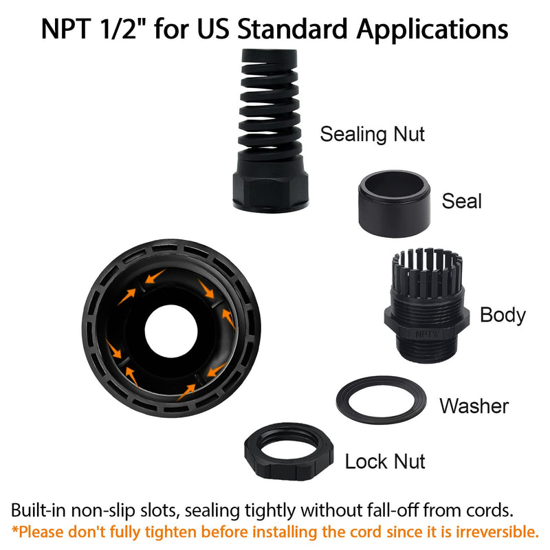 LeMotech 2Pcs NPT 1/2" IP68 Waterproof Cable Gland Flex Spiral Strain Relief Black Nylon Joint with Gaskets for 6-12mm Wire Thread NPT 1/2" (2-Pack)