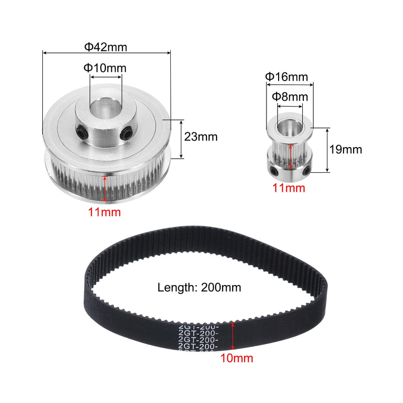 uxcell GT-2 Synchronous Wheel 20&60 Teeth 8&10mm Bore, Aluminum Alloy Timing Pulley Wheel with 1Pcs Length 200mm Width 10mm Belt for 3D Printer, CNC Machine (20-60T-8&10B-10)