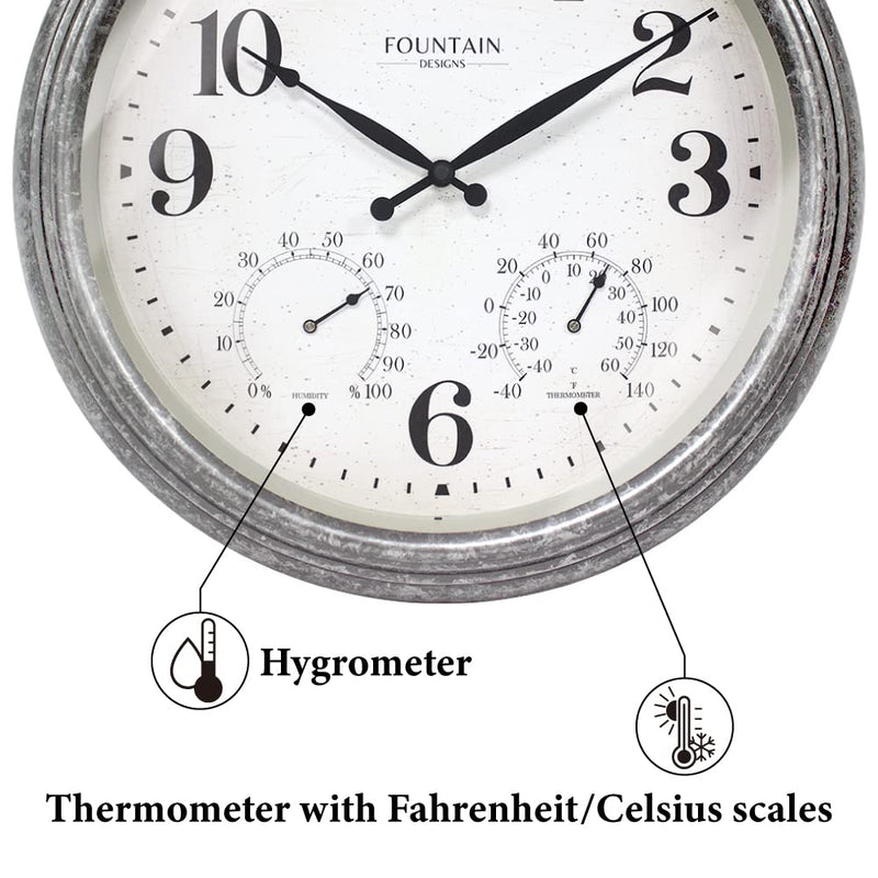 18 Inch Outdoor Clocks for Patio Large Waterproof with Thermometer, Large Wall Clock with Temperature and Humidity Combo,Weatherproof for Pool Decor,Galvanized Finish Galvanized 18 inch