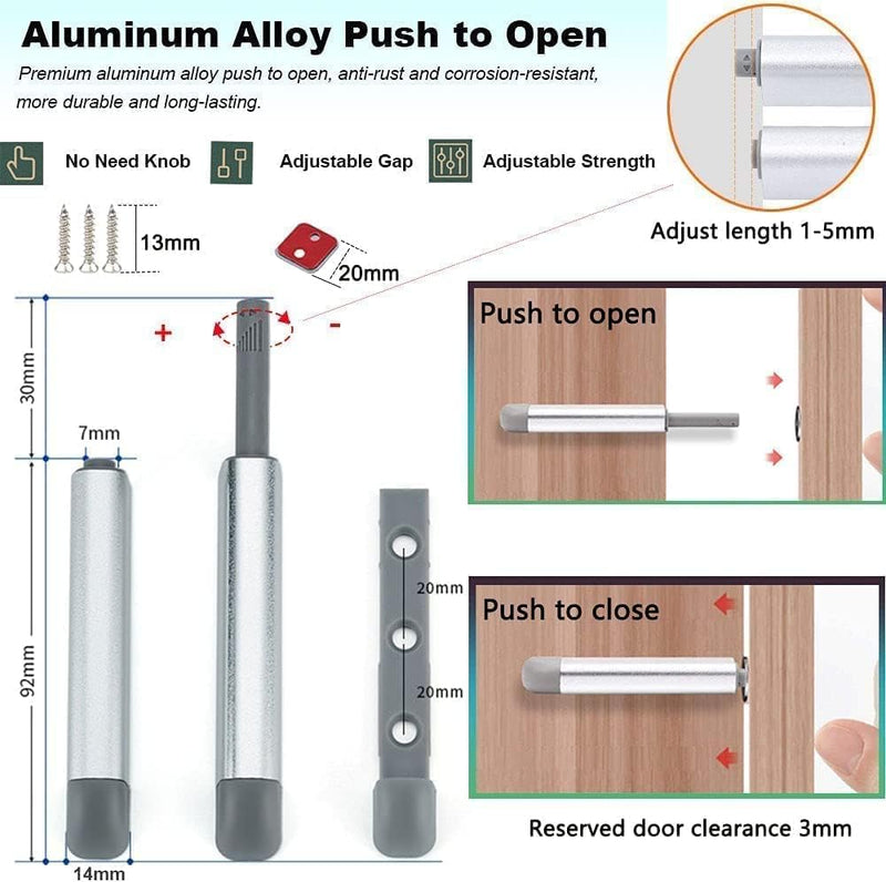 4Pack Push to Open Cabinet Hardware Door Latch & Lock, Magnetic Push Latches for Hidden Door Heavy Duty Magnet Push Release Drawer Pull Strong Pop Out for Kitchen RV Closet Tip On Close- Silver 4 Pack