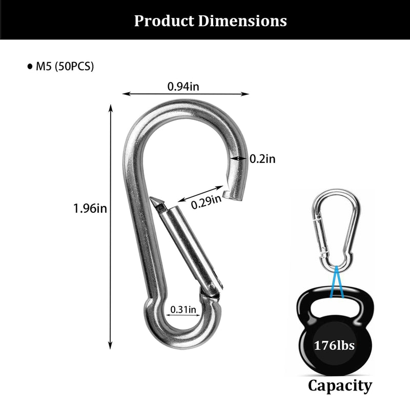 50Pcs 2” Safety Spring Snap Hook, Yision M5 3/16”Carabiner Quick Link Snap Hooks for Camping Hiking, 176LBS Holding Capacity Heavy Duty Steel Carabiner Clip Buckle for Swing Hammock Gym Outdoor 2 Inch (M5)