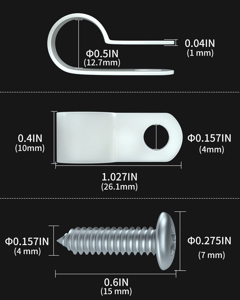 Rope Light Mounting Clips - 60 Pack 1/2 Inch P-Style Extension Cord Wall Clips with Stainless Steel Self Tapping Screws 60 Pack 1/2 Inch Clips with Screws