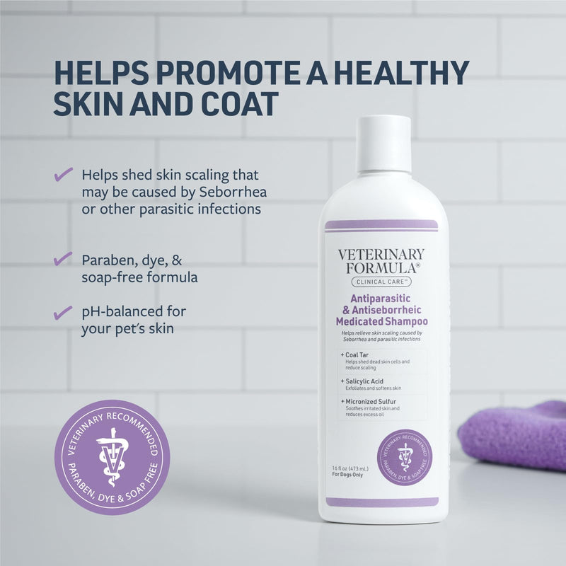 Veterinary Formula Clinical Care Antiparasitic & Antiseborrheic Medicated Dog Shampoo, 16 oz – Paraben, Dye, Soap Free – Hydrating and Antifungal Shampoo for Dogs, White