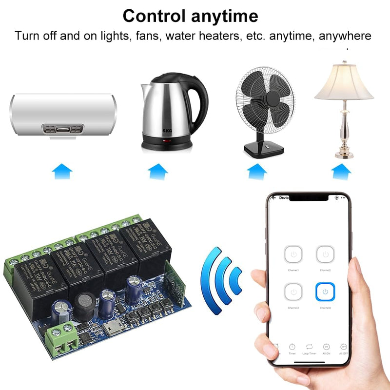 Ewelink WiFi Wireless Smart Relay Module USB 5v 4 Channel Inching Self-Lock Latched Dry Contact Remote Toggle Switch for Access Control, Garage Door,Home Automation, Compatible with Alexa Google Home 1 x 4-Channel + Transmitter