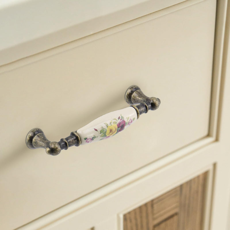 6pcs Floral Ceramic Cabinet Pulls 3.78" Holes Center to Center Drawer Pull Antique Flower Dresser Handles for Furniture Closet Wardrobe, with Screws Double Hole, 3.78"