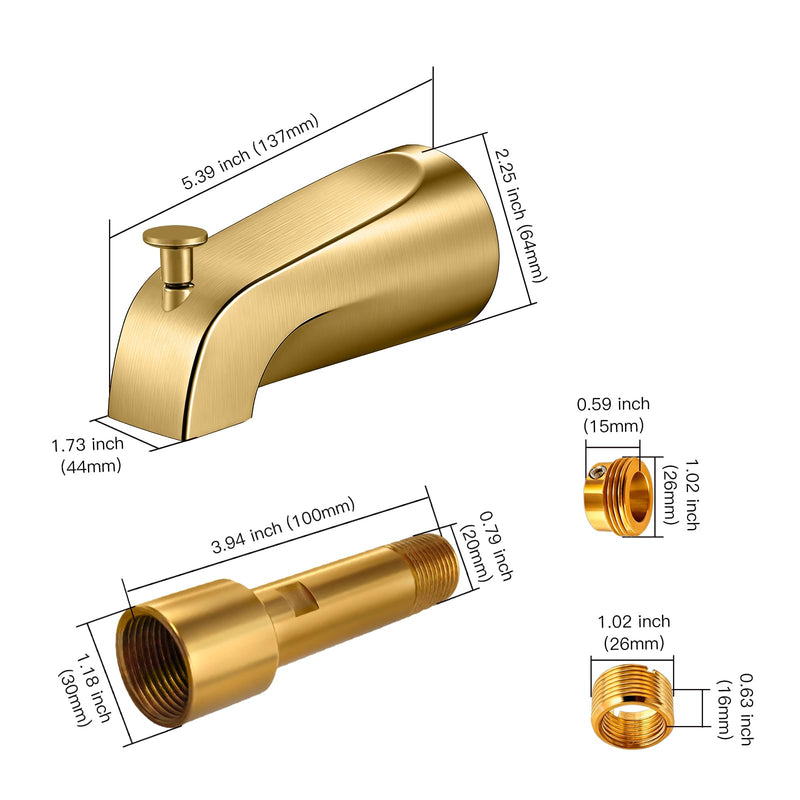 Bathtub Spout with Diverter, All Metal,5.3 Inch Tub Spout, Fits 1/2" Copper Slip-On and 1/2" or 3/4" IPS Threaded Pipes, Leak-Free, Slip Fit Tub Spout with Pull-Up Diverter，Brushed Gold Brushed Gold