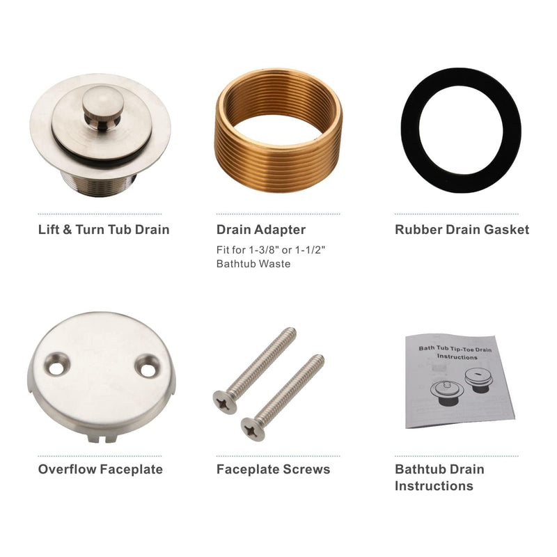 Brushed Nickel Tub Drain Lift &Turn Tub Trim Set with Two-Hole Overflow Faceplate Conversion Kit Assembly, Hidrop Bathtub Drain Replacement Trim Kit and Universal Fine/Coarse Thread Brushed