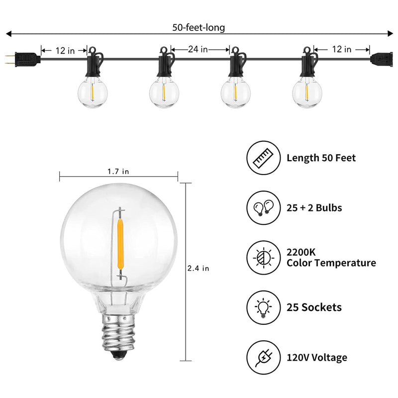Brightown Outdoor String Lights - Connectable Dimmable LED Patio String Lights with G40 Globe Plastic Bulbs, All Weatherproof Hanging Lights for Outside Backyard Porch (50 ft - 25 LED Bulbs) Black 50 ft - 25 LED Bulbs