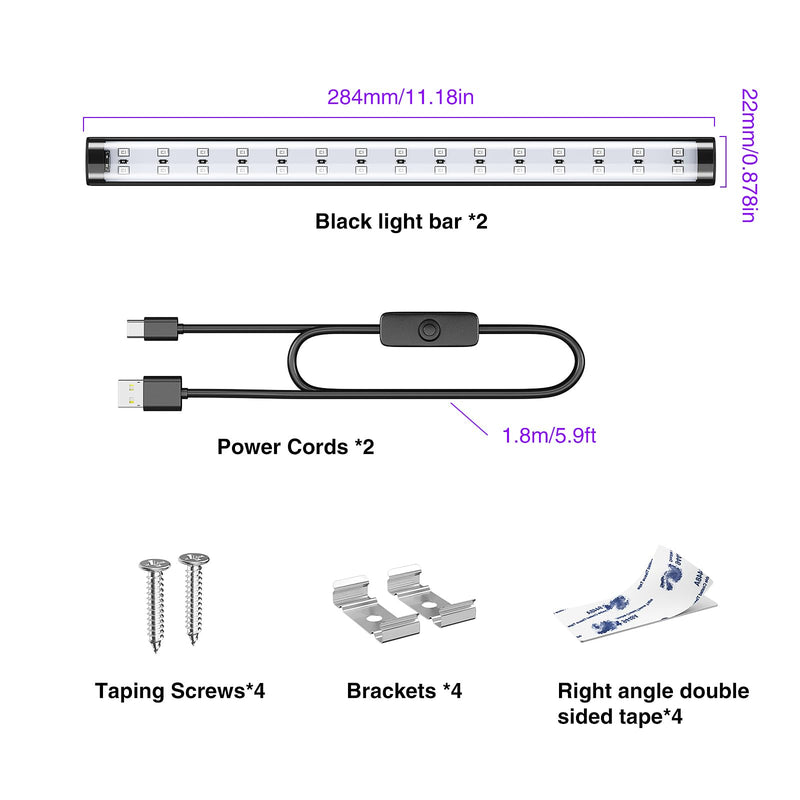 Onforu 2 Pack 10W LED Black Light Bar, 1ft, USB Blacklight Tube, Blacklight Bars with Switch, Black Light for Fluorescent Tapestry Poster, Cabinet, Glow Party, Halloween, Body Paint