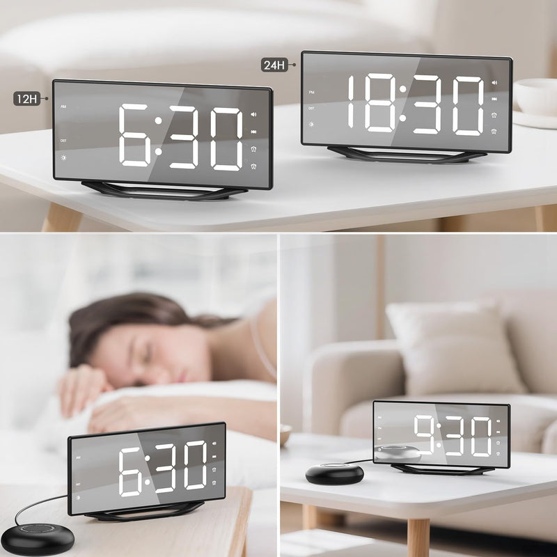 OnLyee Vibrating Alarm Clock with 8.7” LED Mirror for Heavy Sleepers & Hearing Impaired, Bed Shaker & 3 Wake-Up Modes, Dual Alarms, USB Charging, Adjustable Brightness, Snooze Function Black+Bed Shaker