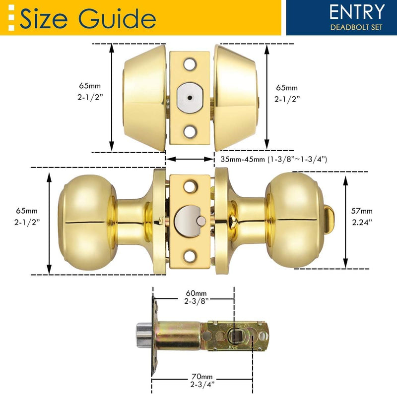2 Pack Polished Brass Round Entry Door Knobs and Deadbolt Combination Set, Keyed Alike Double Cylinder Deadbolt Door Lock Set 2