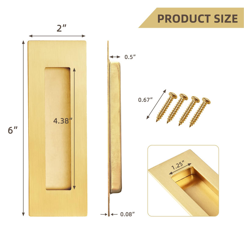Pocket Door Handles and Edge Pull Brushed Brass, 6Inch Handles Hardware Latch,Recessed Finger Flush Pulls,for Closet,Sliding,Barn Door Model A Brushed Gold