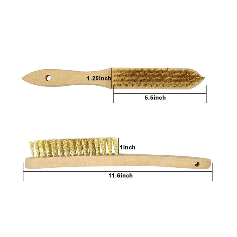 SALI Wire Brushes for Cleaning Rust Removal Heavy Duty Brass Brush Tool for Automotive,Paint , Welding Slag,Grill,Household Clean 11" Long Curved Beechwood Handle , 14X4 Rows Bristles Pack of 2