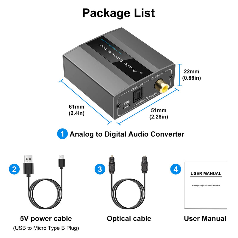 VPFET Analog to Digital Audio Converter RCA to Optical with Cable 3.5mm AUX Jack Toslink and Coaxial Adapter for Soundbar