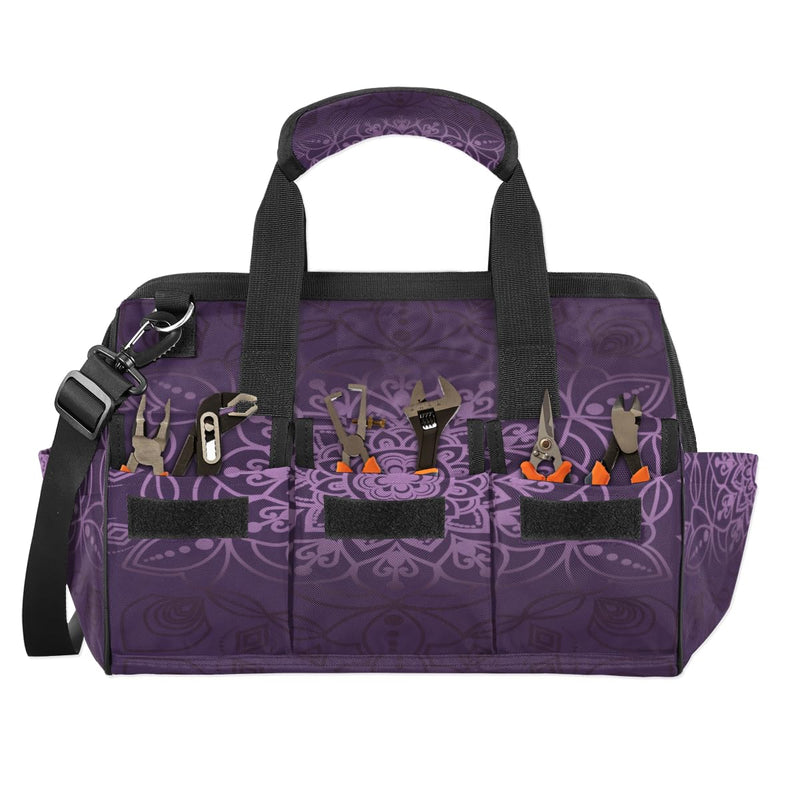 Purple marble pattern Tool Bag – Heavy-Duty Multi-Pocket 14+ Pockets (6 Inner + 6 Outer + 2 Side), Removable Shoulder Strap, for Construction, Gardening, Camping, Travel – 14.8 x 9.1 x 10 Inches