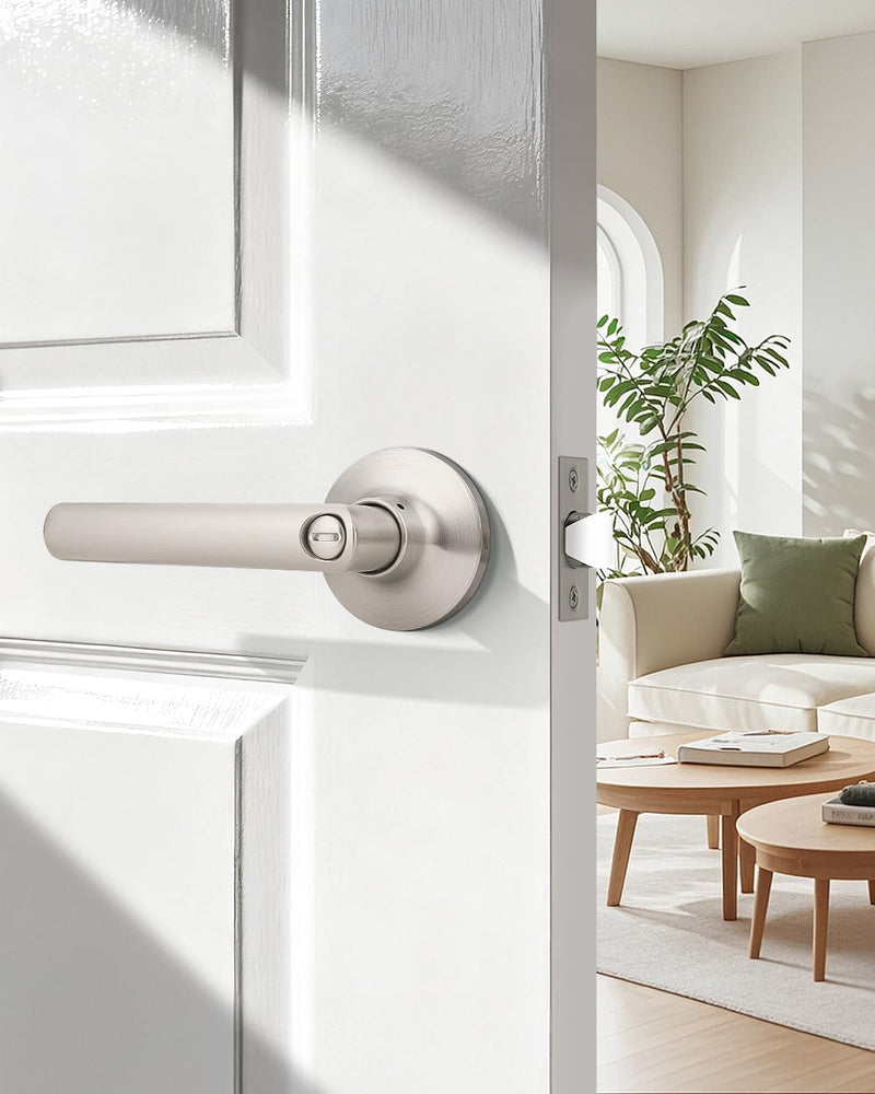 GOBEKOR Brushed Nickel Door Handles Privacy Door Levers with Lock,Heavy Duty Interior Door Handles for Bedroom and Bathroom,Sleek Round Door Lever Satin Nickel with No Key Privacy Door Handle 1